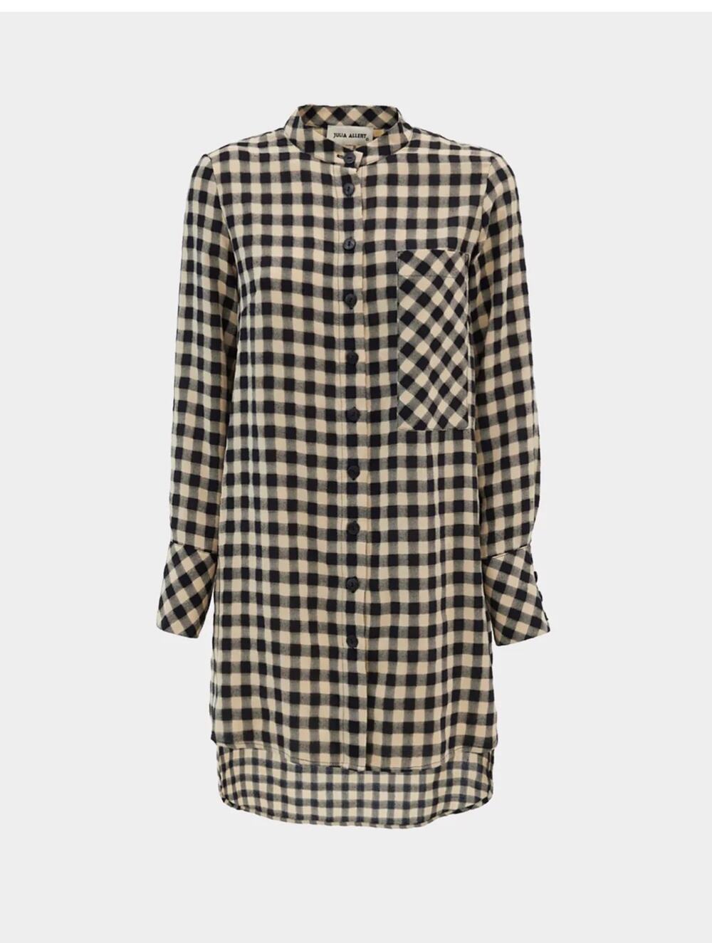 NWT Julia Allert Casual Loose Fit Long Plaid Shirt, Black/Tan, Large